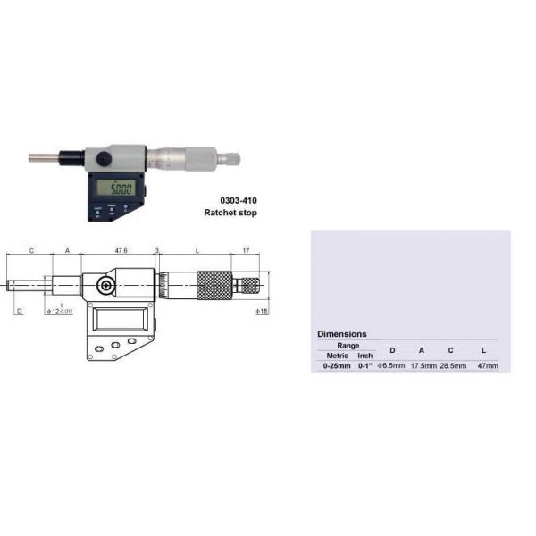 Inspec Micrometer head 0303-410 Range 0-1"/0-25mm Resolution .00005"/.001mm
