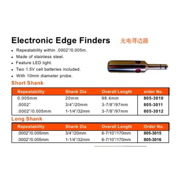 MHC 805-3010 Electronic short shank Edge Finders .0002"/.005mm Accuracy, 3/4" x 3-7/8" (shank diameter x OAL), 0.40" Ball