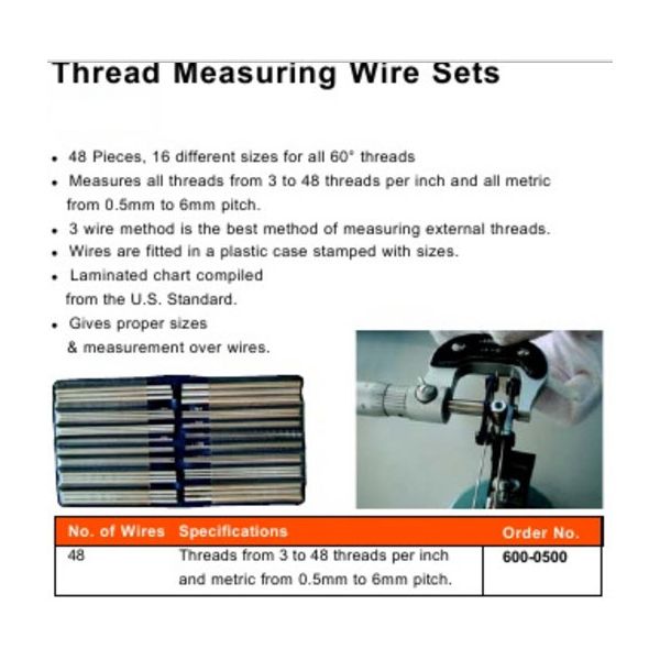 MHC 600-0500 Thread Wire set 48 wires 16 sizes measures 60 deg threads