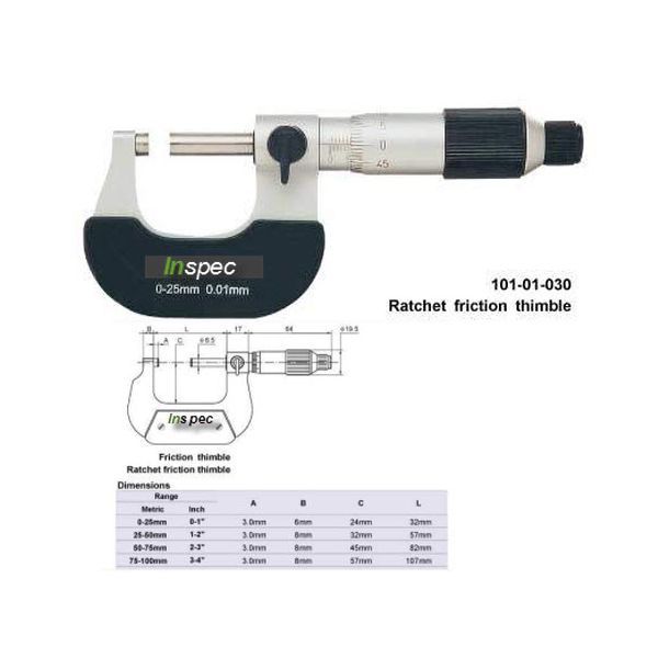 Inspec Micrometer 101-04-030 Range 75-100mm Graduation .01mm