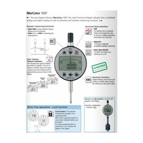 Mahr 4337062 Digital Indicators 1087 Accuracy:0.005mm Model:1087B Range:12.5mm/0.5" Repeatability:0.002mm Resolution:0.001mm/0.00005" Stem:8mm