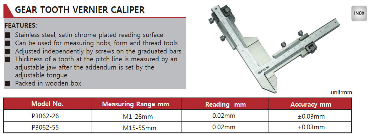 P3062-55 Gear Tooth Caliper M15-55mm, Jaw Size