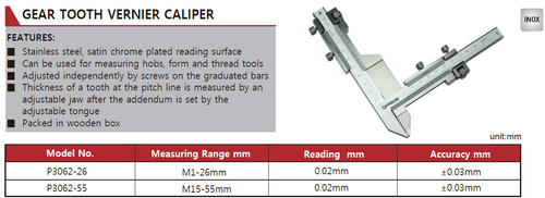 P3062-55 Gear Tooth Caliper M15-55mm, Jaw Size