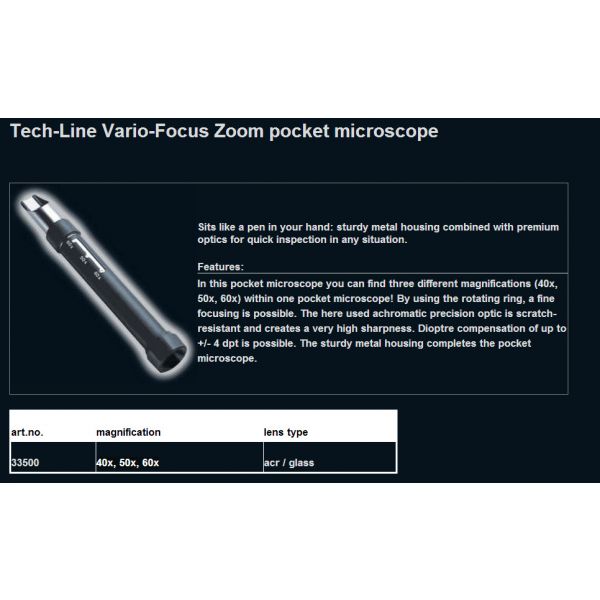 Schweizer 33500 Tech-Line Vario-Focus Zoom pocket microscope 40x, 50x, 60x