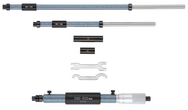 Mitutoyo Inside Micrometer, Interchangeable Rods 200-500mm, with 3 Rods, Hardened Face 141-117