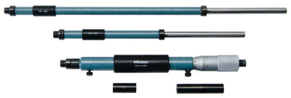 Mitutoyo Inside Micrometer, Interchangeable Rods 8-20", with 3 Rods, Hardened Face 141-121