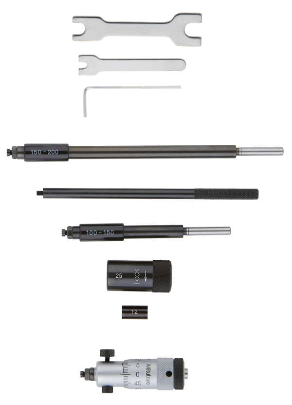 Mitutoyo Inside Micrometer, Interchangeable Rods 50-200mm, with 3 Rods, Carbide Measuring Faces 141-211