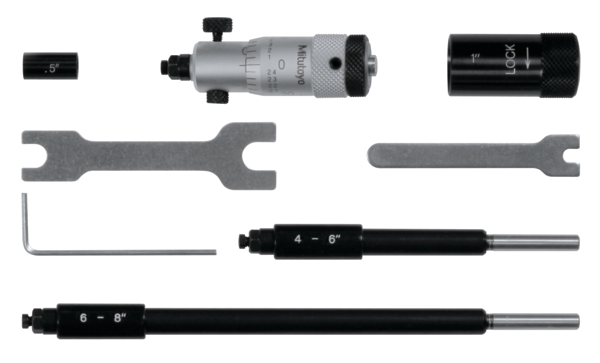 Mitutoyo Inside Micrometer, Interchangeable Rods 2-8", with 3 Rods,Carbide Measuring Faces 141-214