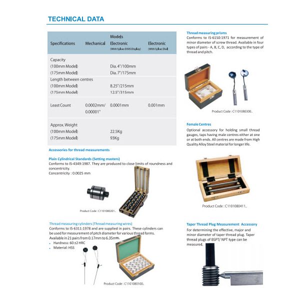 Aditya Floating Carriage Micrometer Range 0-4"/0-100mm Mechanical Version With Micrometer Head & Dial Fudicial Indicator L.C. 0.0002mm, C1101010100