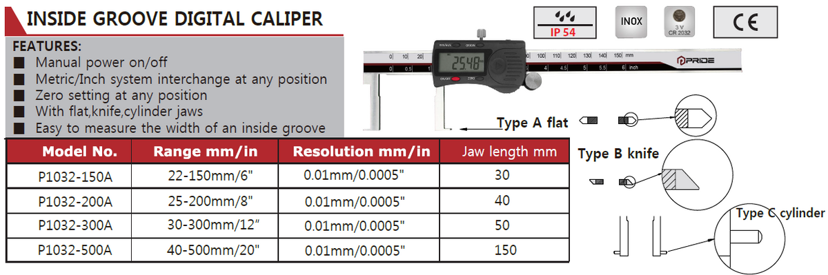 P1032-200A Inside Groove Caliper 25-200mm/8", Jaw Size 40mm