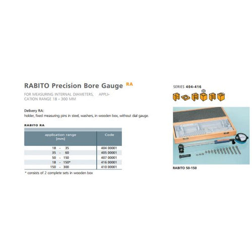 Schwenk 40700001 RABITO Precision Bore Gauge, Ranges 50-150mm, Without Dial Gauge Depth 178mm Number of Anvils=11