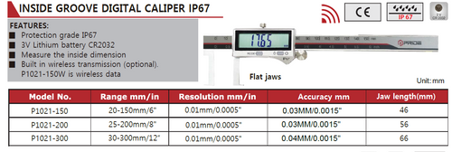 P1021-150 Inside Groove Caliper IP67 0-150mm/6", Jaw Size 46mm