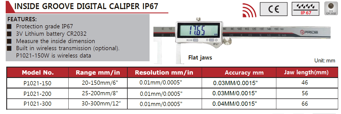 P1021-200 Inside Groove Caliper IP67 0-200mm/8", Jaw Size 56mm
