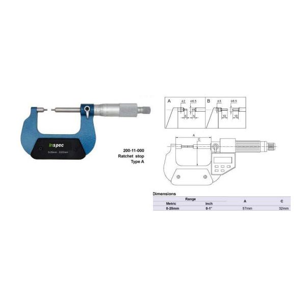 Inspec Spline Micrometer 0-25mm x .01mm Type A anvils accuracy .004mm, 200-11-000