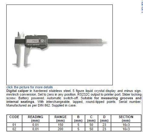 Bocchi Inside Caliper Interchangeable pointed tips Range .8-6"/20-150mm, Resolution .01mm/.0005" 951/01