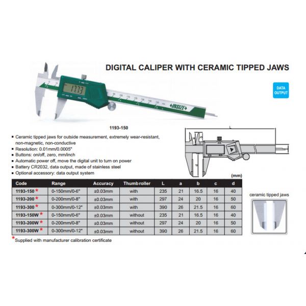 Insize 6"/150mm  ELECTRONIC CALIPER WITH CERAMIC TIPPED JAWS 1110-150