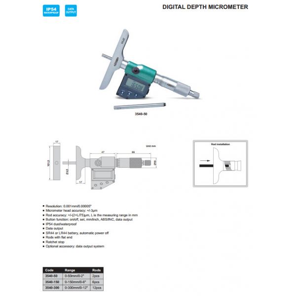 Insize Digital Depth Gauge Accuracy: .00012" Range: 0-2"/0-50mm Resolution: .00005"/.001mm base 101.6 x 16mm 3540-50