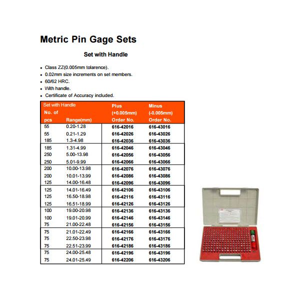 MHC 616-4307 Pin Sets Class ZZ Pin Sets Range : 10.00-13.98mm Tolerance -.005mm Number of pins : 200, Supplied with handle, in plastic box