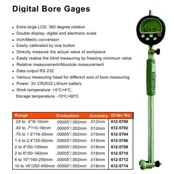 MHC Individual bore gauge 612-5706 Bore Gauge Meas. Depth: 150mm Range 1.4 to 2.4"/35-50mm Accuracy:0.015mm Resolution:0.001mm (0.00005")