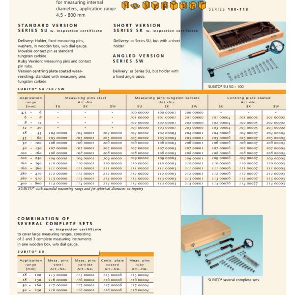 Schwenk Individual bore gauge 11200000 Dial Bore Gauges type SU Metric Range 280-410mm with steel pins, Without Indicator. Measuring depth 400mm, 7 anvils