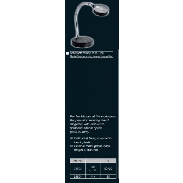 Swiss work stand magnifier Tech-Line, 4x/Ø65mm, aplanatic, table base, 31504