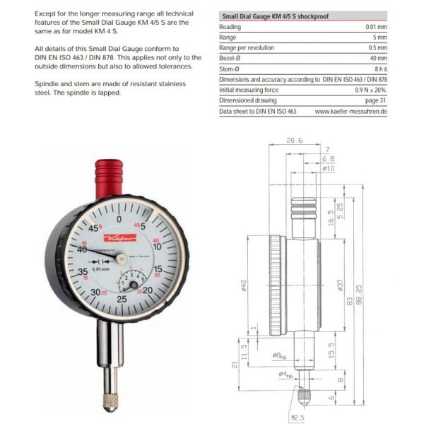 Verdict 23/2042 Small Dial Gauge KM 4/5 S shockproof Reading 0.01 mm Range 5 mm Range per revolution 0.5 mm Bezel-Ø 40 mm Stem-Ø 8 h 6