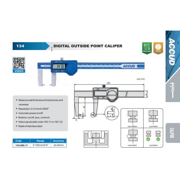 Accud Outside Groove Digital Calipers With Round Points 0-150mm/0-6" Resolution .01mm/.0005'' 134-006-11