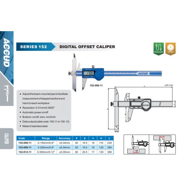 Accud Digital Accud Offset caliper 10-150mm Resolution .0005"/.01mm, Data Output 152-006-11