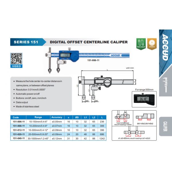 Accud Digital Accud Offset caliper 10-150mm Resolution .0005"/.01mm, Data Output 152-006-11