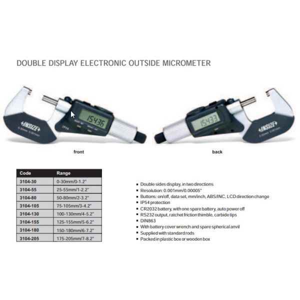 Insize Digital Outside Micrometer Range 0-1.2"/0-30mm Resolution .00005"/.001mm Double Display 3104-30