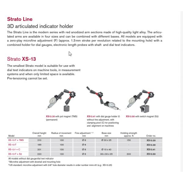 Fisso Strato line 3D articulated gauging arm XS13.50 (XS-13 F + S2) With Switch Magnet, 8mm Stem. Indicator Not Included