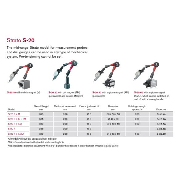 Fisso Strato line 3D articulated gauging arm S-20.25 (S-20 F + TM) with pot magnet (TM) (permanent) 3/8" Fixing