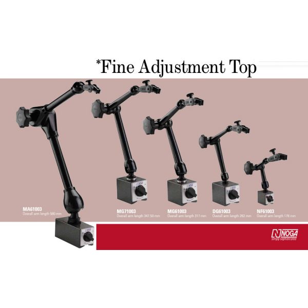 Noga DG61003 Noga Magnetic Base Type : On/off switchable magnet. Magnet size : 50x60x55(WxLxH) Bottom Arm Length : 110mm Top Arm Length : 101mm Holder Length : 71mm Over all length : 282mm Force : 800N
