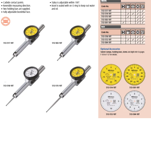 Dial Test Indicator, Pocket Type 0.8mm, 0.01mm, D=8 mm Stem 513-517T