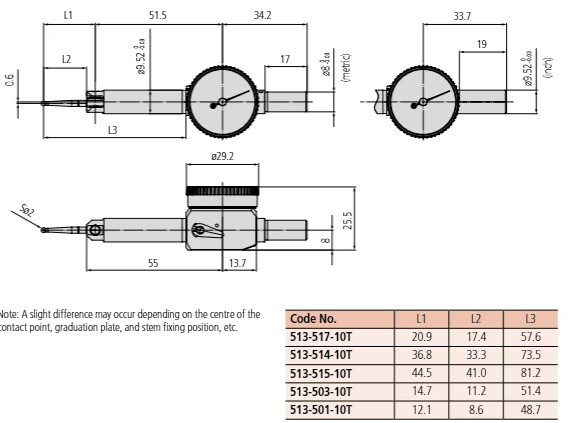 Dial Test Indicator, Pocket Type 0.5mm, 0.01mm, D=4/8 mm Stem, with Bracket 513-514-10T