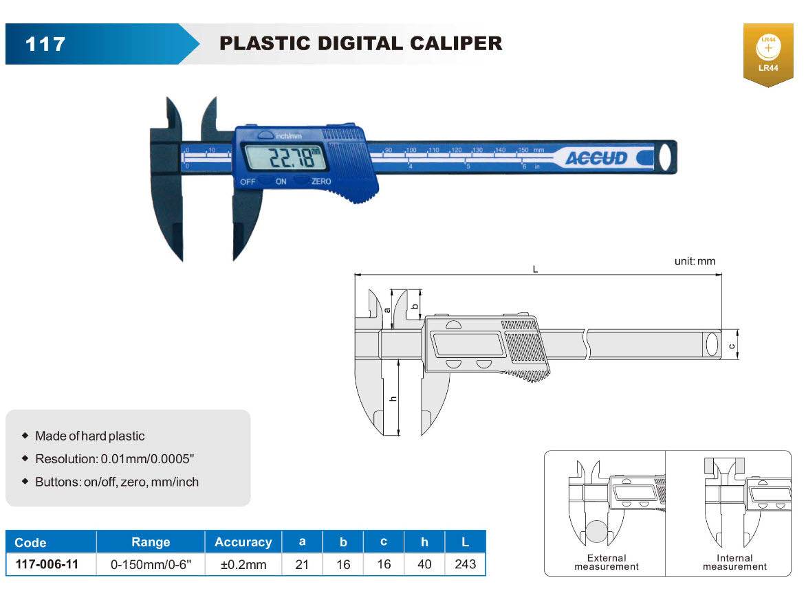 Accud Plastic Digital Caliper 0-150mm/0-6" Resolution .01mm/.0005" 117-006-11