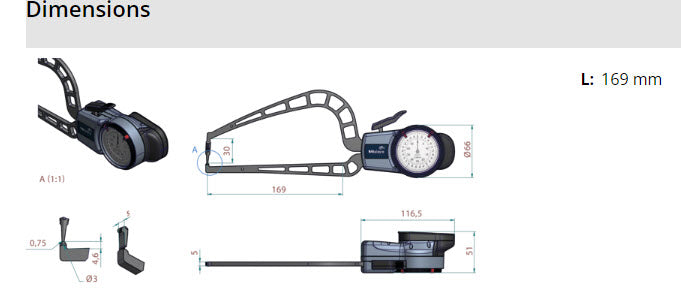 Mitutoyo External Dial Caliper Gauge , 0,005mm 209-922  0-50mm, Measuring Contact: Carbide ball ø3mm / bevel, radius 0.75mm ( Kroeplin Equivalent D4R50S)