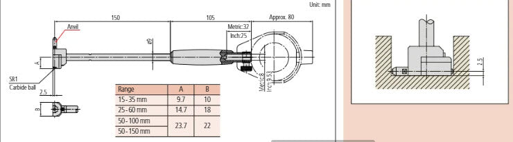 2-Point Inside Measuring Instrument Range 2-6", Graduation .0001" For Blind holes 511-440-20