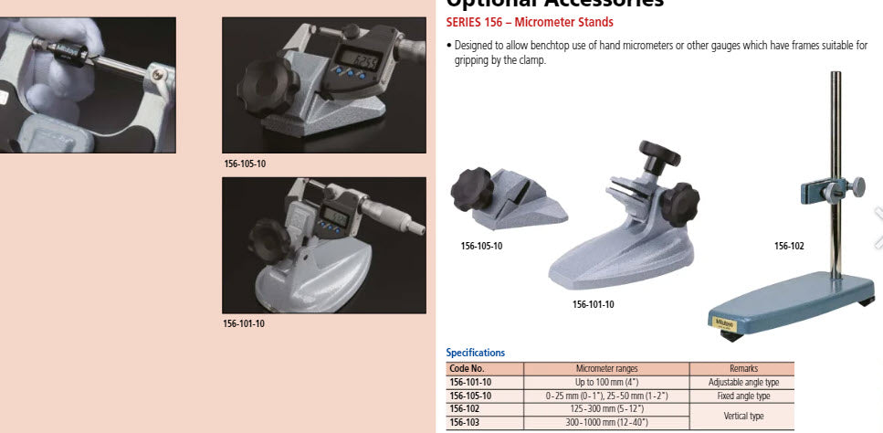 Micrometer Stand, 45° Angle Type for Micrometer 0-50mm/0-2" 156-105-10