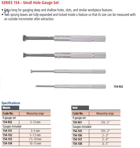 Mitutoyo Small Hole Gauge set 3-5mm 154-101