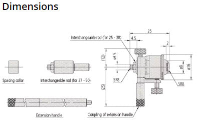 Mitutoyo Inside Micrometer, Interchangeable Rods 1-2", with 2 Rods, Hardened Face 141-102