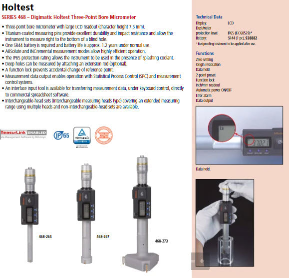 Mitutoyo Digital 3-Point Internal Micrometer Set 0,8 - 2", Interchange. Head IP65, 468-978