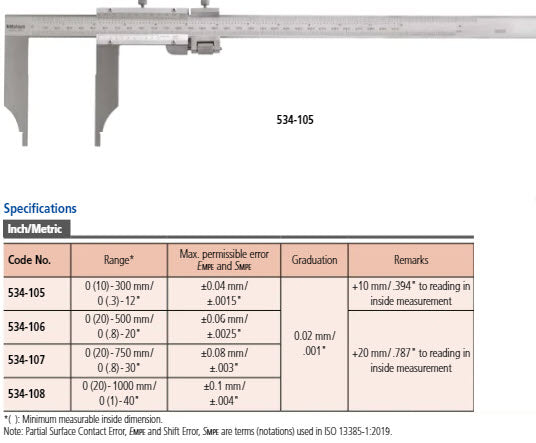 Mitutoyo Vernier Caliper Long Jaw, Fine Adjust. 0-500mm, 0,02mm, Metric/Inch 534-106