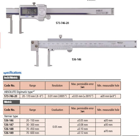 Mitutoyo Vernier Point Jaw Inside Caliper 70-450mm, 0,05mm, Metric 536-148