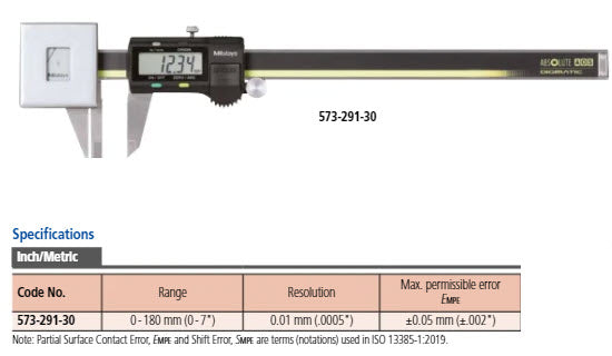 Mitutoyo Digital ABS AOS Caliper, Inch/Metric Constant Measuring Force, 0-7” 573-291-30