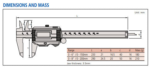 Mitutoyo Digital Solar Caliper, 0-150mm/0-6" No Output, Square Depth Rod & Thumb Roller 500-786 IP67