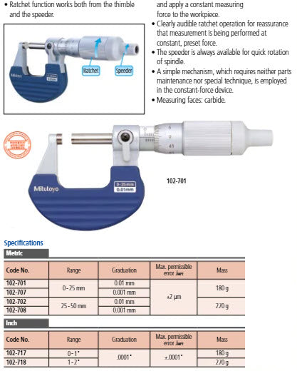 Mitutoyo Ratchet Thimble Micrometer 25-50mm, 0,001mm 102-708