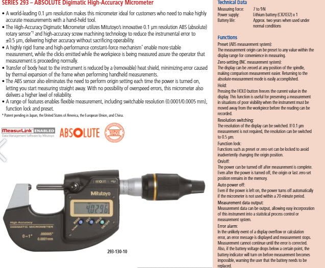 Mitutoyo Digimatic High Accuracy Digital Micrometer 0-25mm(0-1"), With Output 293-130-20