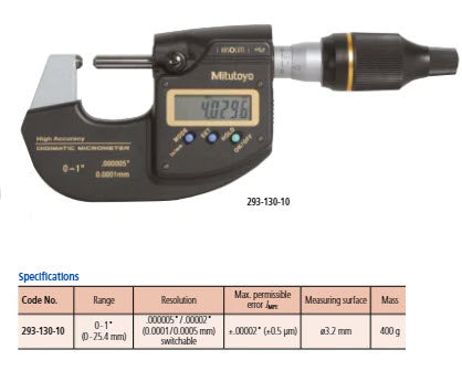 Mitutoyo Digimatic High Accuracy Digital Micrometer 0-25mm(0-1"), With Output 293-130-20