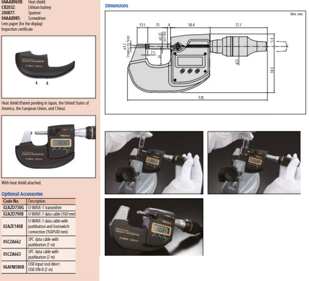 Mitutoyo 293-100-20 Digimatic High-Accuracy Metric Micrometer 0-25mm